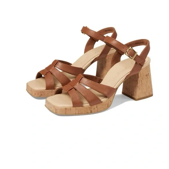 Paul Green Tina Cognac Leather Cork Block Heel Sandals Ankle Strap Sz 10 BNWB - Picture 2 of 11